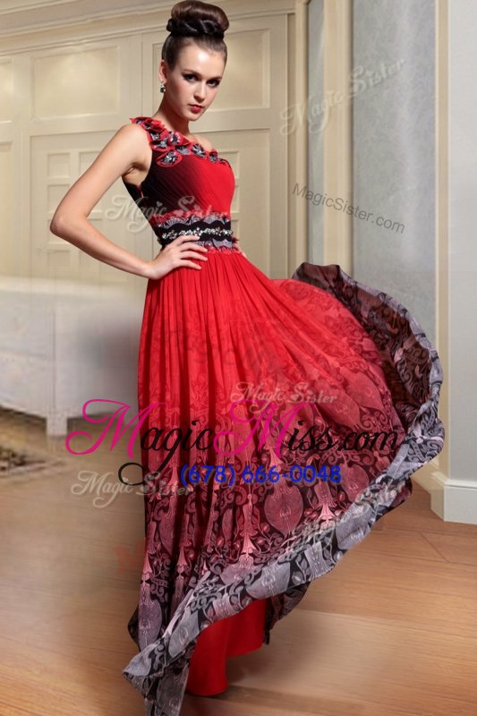 wholesale fine one shoulder red and black chiffon side zipper prom party dress sleeveless floor length beading and pattern and pleated