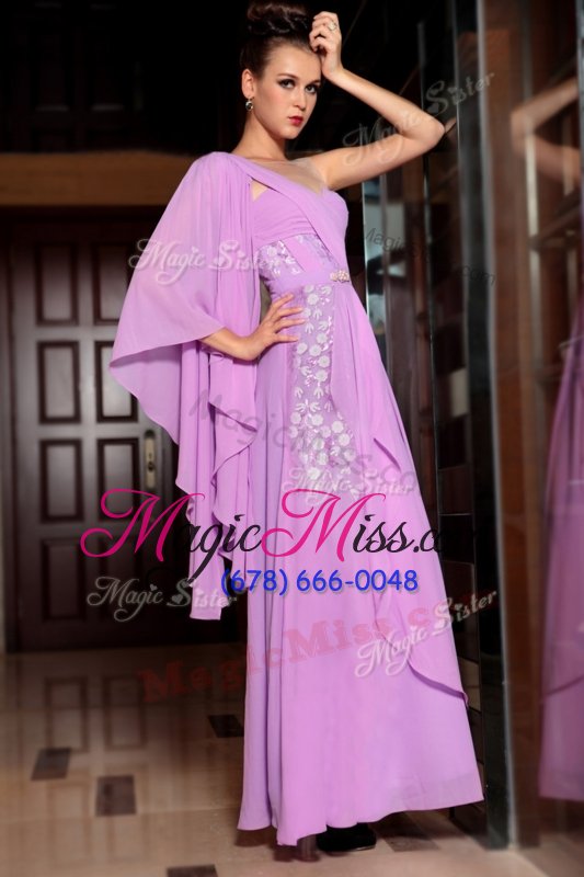 wholesale fashion chiffon square half sleeves side zipper beading and ruching dress for prom in lavender