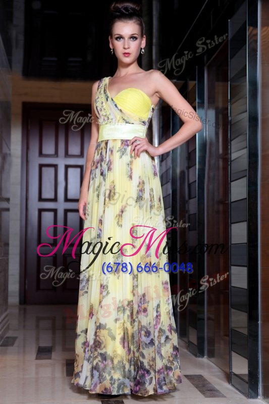 wholesale one shoulder floor length light yellow homecoming dress chiffon sleeveless beading and pattern