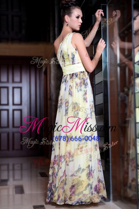 wholesale one shoulder floor length light yellow homecoming dress chiffon sleeveless beading and pattern