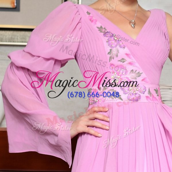 wholesale shining baby pink v-neck side zipper beading and ruching and pattern long sleeves