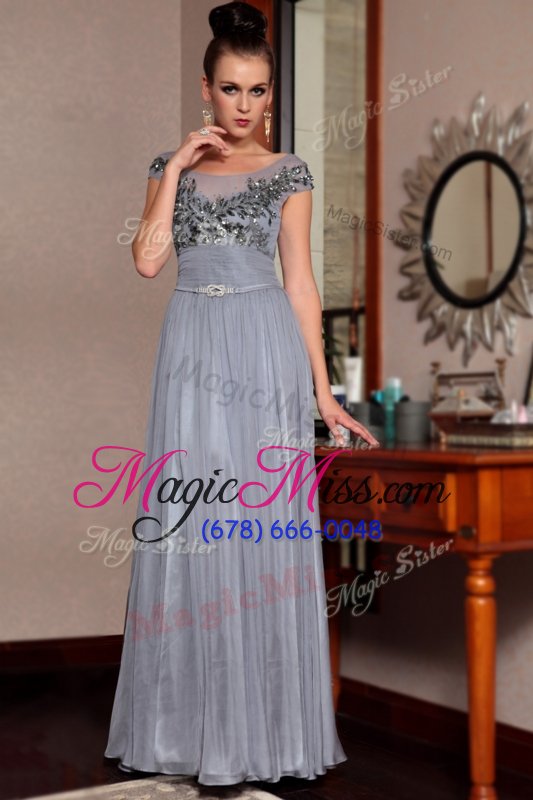 wholesale custom designed grey side zipper scoop beading and sequins and ruching and belt mother of the bride dress chiffon cap sleeves
