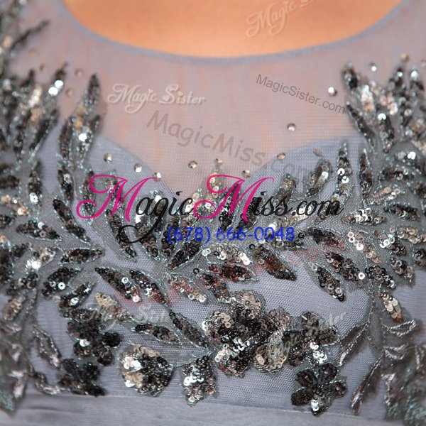 wholesale custom designed grey side zipper scoop beading and sequins and ruching and belt mother of the bride dress chiffon cap sleeves