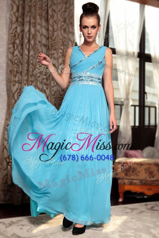 wholesale captivating v-neck sleeveless prom dresses ankle length beading and appliques and ruching aqua blue chiffon