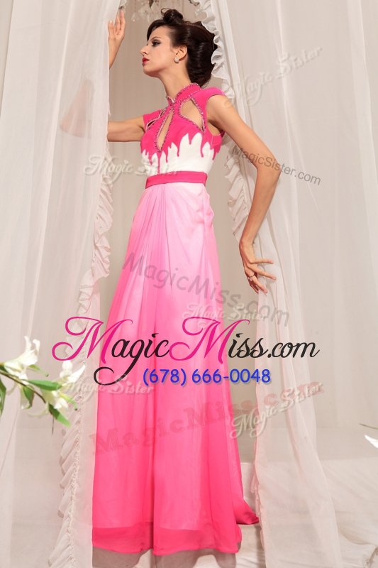 wholesale deluxe hot pink chiffon zipper high-neck sleeveless floor length prom party dress beading