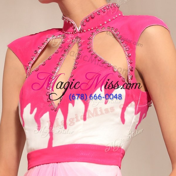wholesale deluxe hot pink chiffon zipper high-neck sleeveless floor length prom party dress beading