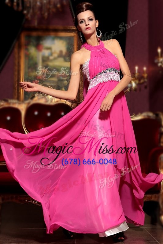 wholesale pretty hot pink zipper halter top beading and lace evening gowns chiffon sleeveless