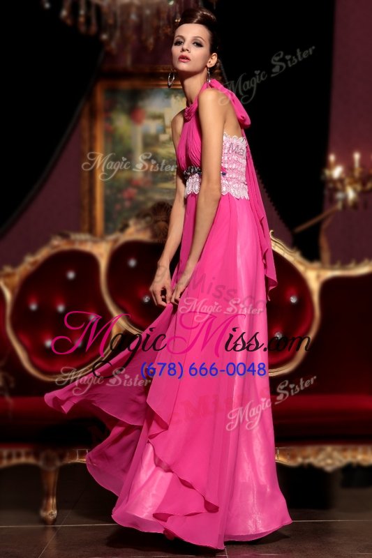 wholesale pretty hot pink zipper halter top beading and lace evening gowns chiffon sleeveless