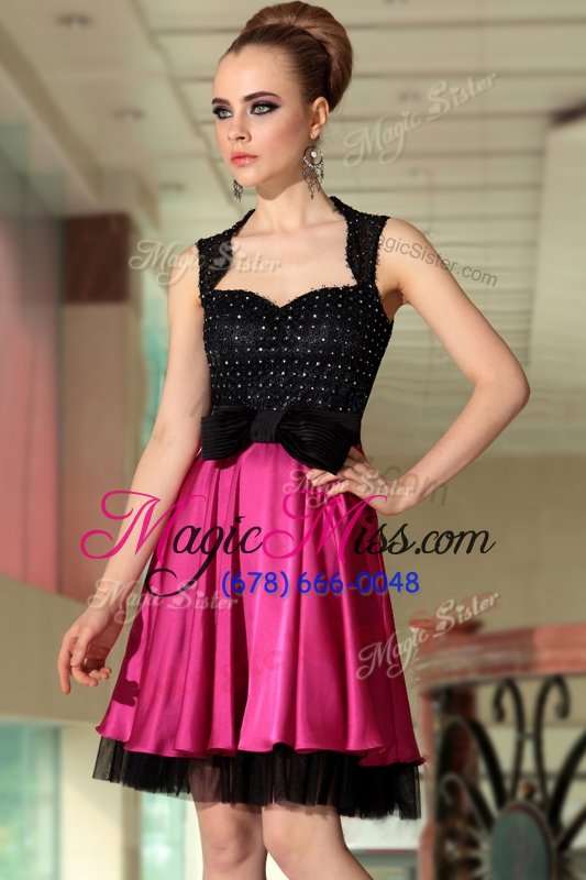 wholesale inexpensive black and hot pink side zipper homecoming gowns beading sleeveless knee length