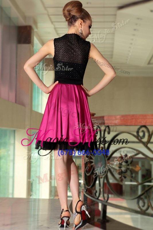 wholesale inexpensive black and hot pink side zipper homecoming gowns beading sleeveless knee length