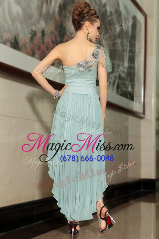 wholesale classical one shoulder high low light blue cocktail dresses chiffon sleeveless pleated