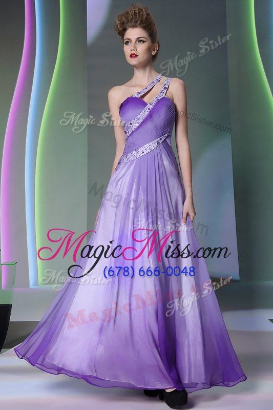wholesale custom fit lavender side zipper one shoulder beading and ruching evening dress chiffon sleeveless
