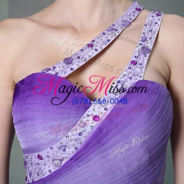 wholesale custom fit lavender side zipper one shoulder beading and ruching evening dress chiffon sleeveless