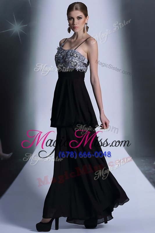 wholesale modest floor length side zipper homecoming dress black and in for prom and party with embroidery and sequins and hand made flower