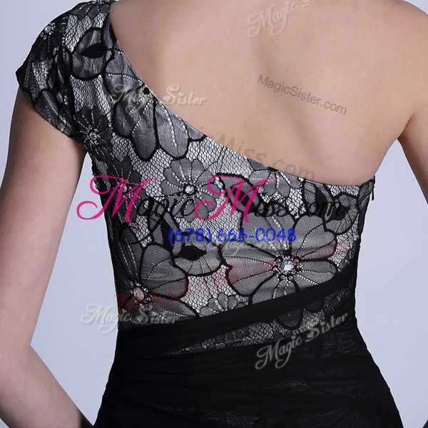 wholesale latest one shoulder lace embroidery black side zipper sleeveless floor length