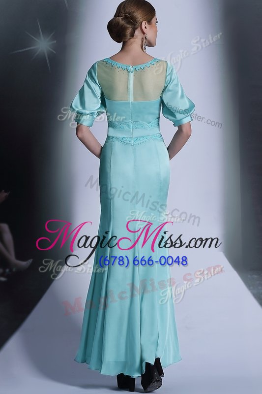 wholesale elegant baby blue bateau neckline sequins and pleated mother of the bride dress half sleeves zipper