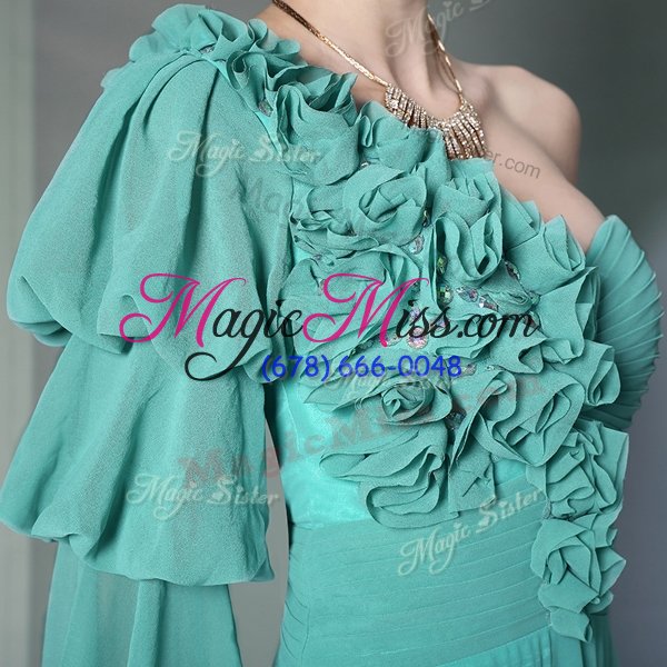 wholesale nice one shoulder turquoise chiffon zipper oscars dresses long sleeves floor length ruffles and ruching