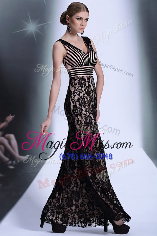 wholesale affordable black empire v-neck sleeveless chiffon and lace floor length zipper lace and belt prom party dress