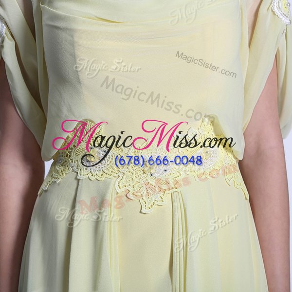 wholesale organza scoop short sleeves zipper lace and ruffles prom gown in light yellow