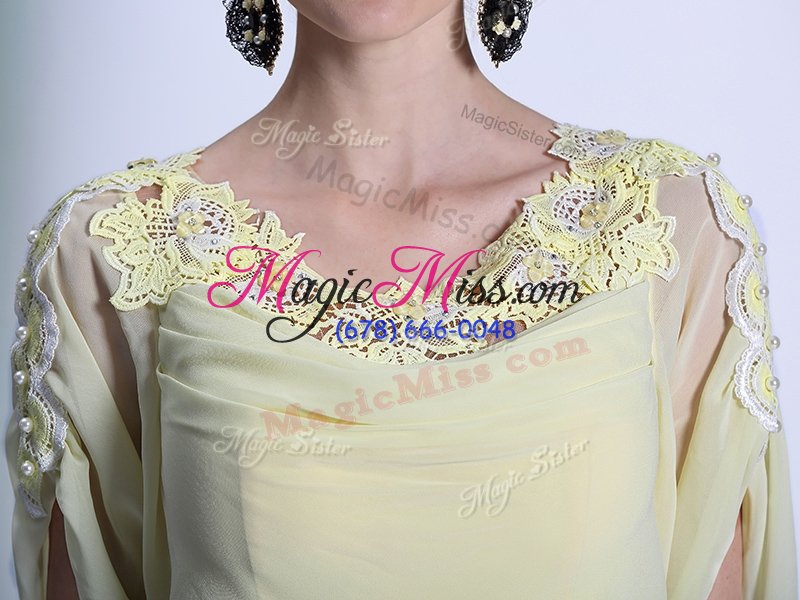 wholesale organza scoop short sleeves zipper lace and ruffles prom gown in light yellow