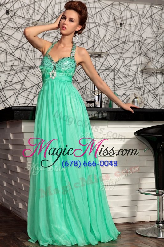 wholesale eye-catching apple green empire halter top sleeveless chiffon sweep train zipper beading prom gown