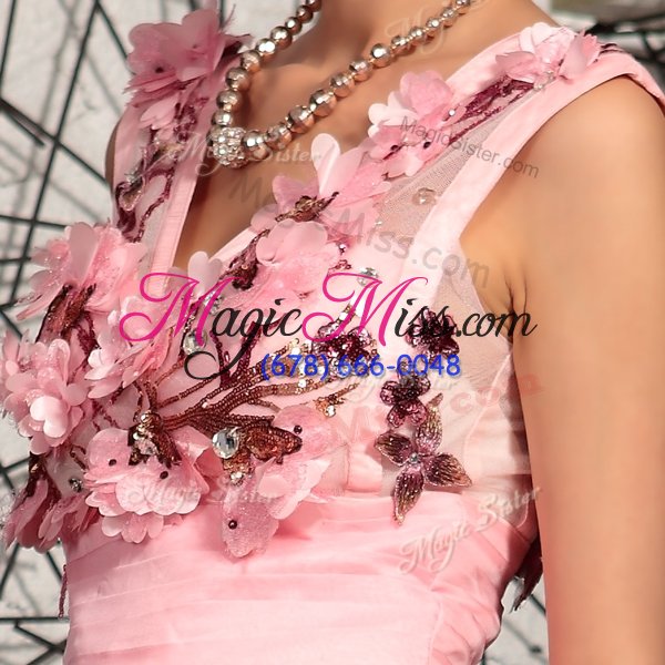 wholesale cheap baby pink empire appliques prom gown zipper satin sleeveless floor length