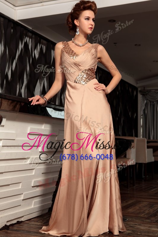 wholesale beautiful brown satin backless formal evening gowns sleeveless floor length beading and ruching