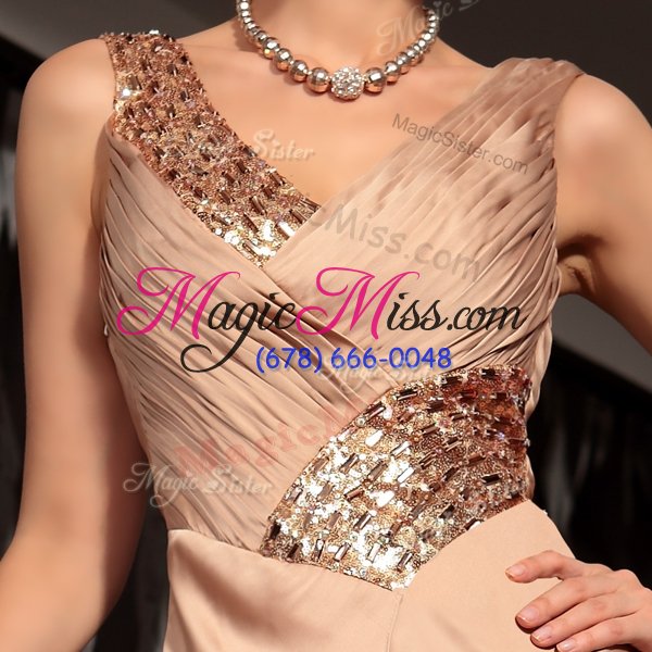 wholesale beautiful brown satin backless formal evening gowns sleeveless floor length beading and ruching