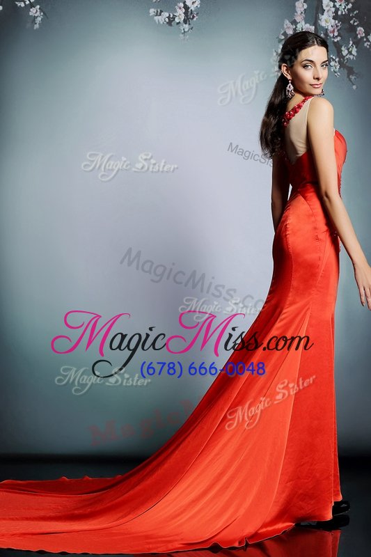 wholesale comfortable scoop empire sleeveless coral red prom party dress court train side zipper