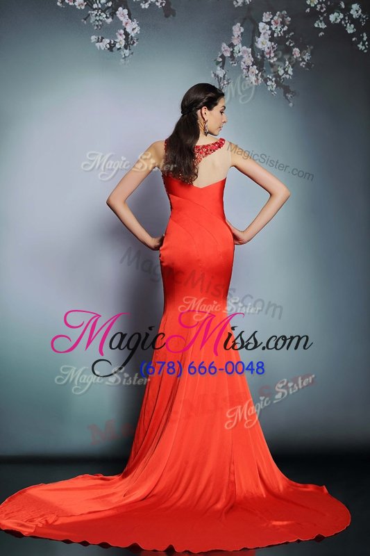 wholesale comfortable scoop empire sleeveless coral red prom party dress court train side zipper
