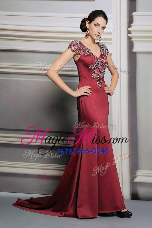 wholesale top selling burgundy satin side zipper evening party dresses short sleeves court train appliques