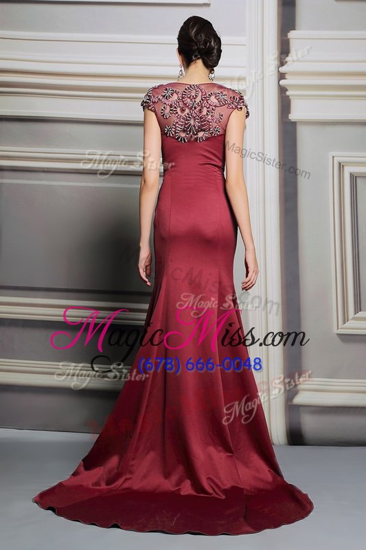 wholesale top selling burgundy satin side zipper evening party dresses short sleeves court train appliques