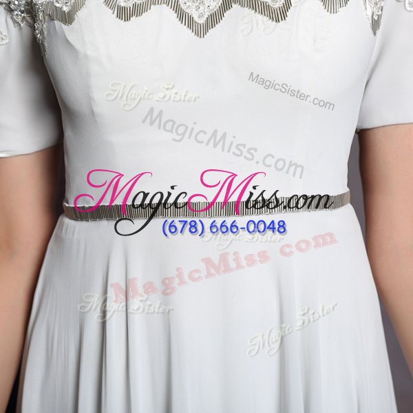 wholesale high class empire prom dresses silver scoop satin short sleeves floor length zipper