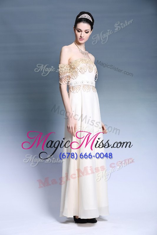 wholesale off the shoulder short sleeves zipper prom gown white satin