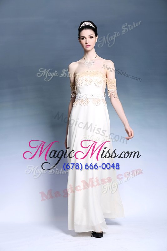 wholesale off the shoulder short sleeves zipper prom gown white satin