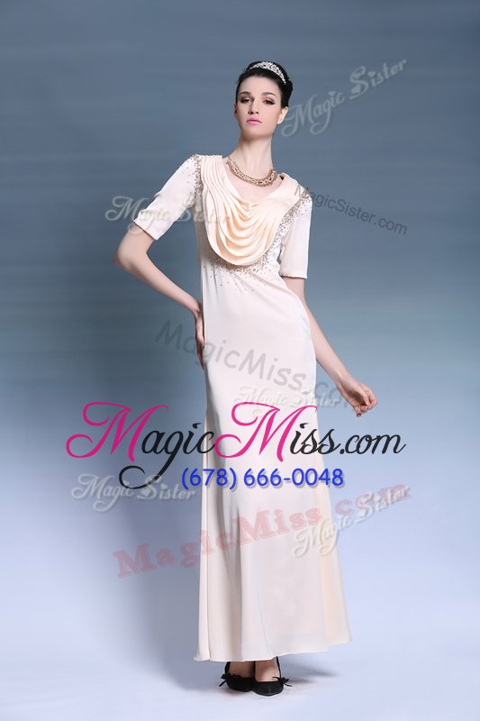 wholesale modern scoop short sleeves chiffon floor length zipper evening dress in pink for with beading and ruching