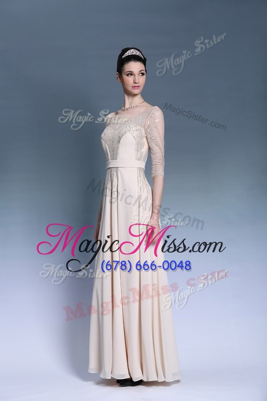 wholesale amazing champagne short sleeves floor length beading and pleated zipper dress for prom