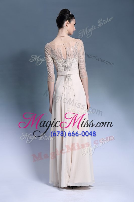 wholesale amazing champagne short sleeves floor length beading and pleated zipper dress for prom