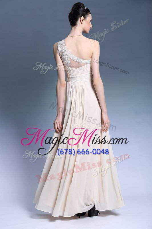 wholesale inexpensive champagne one shoulder neckline beading and ruching homecoming party dress sleeveless side zipper