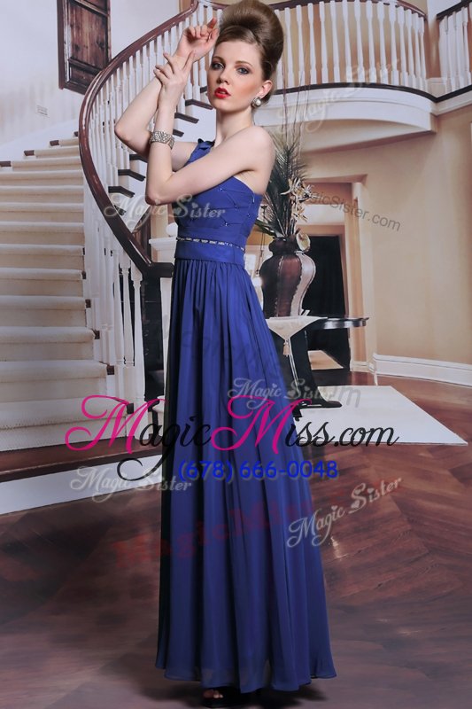 wholesale ideal one shoulder royal blue ball gowns beading and pleated prom party dress side zipper chiffon sleeveless floor length