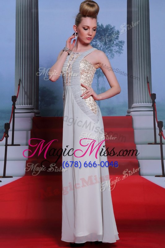 wholesale amazing scoop sleeveless floor length beading and appliques and ruching side zipper evening dress with silver