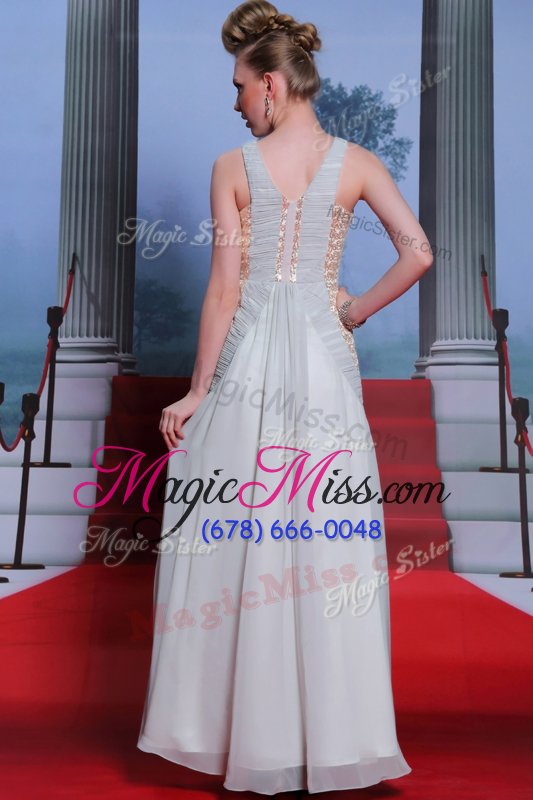 wholesale amazing scoop sleeveless floor length beading and appliques and ruching side zipper evening dress with silver
