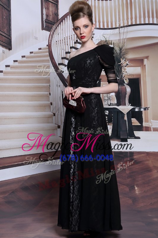 wholesale best selling one shoulder black column/sheath lace and sequins prom evening gown side zipper lace sleeveless floor length