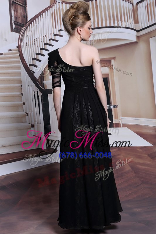 wholesale best selling one shoulder black column/sheath lace and sequins prom evening gown side zipper lace sleeveless floor length
