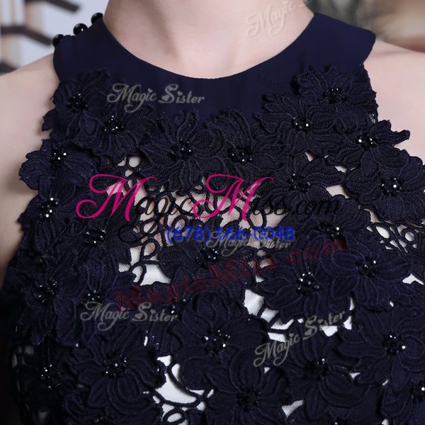 wholesale elegant navy blue scoop lace up beading and lace homecoming dress sleeveless
