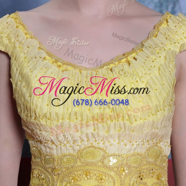 wholesale best scalloped short sleeves floor length beading and appliques and pleated side zipper prom gown with light yellow
