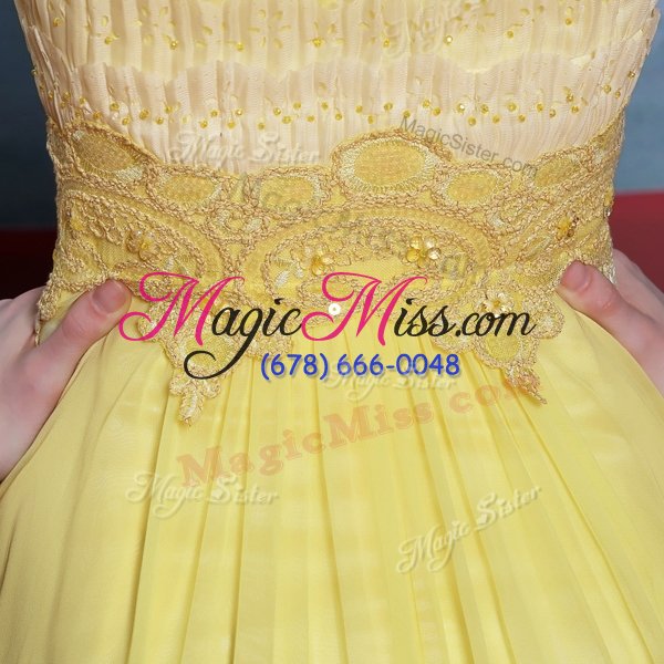 wholesale best scalloped short sleeves floor length beading and appliques and pleated side zipper prom gown with light yellow