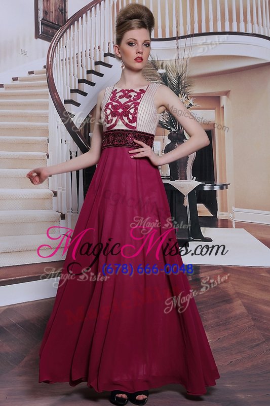 wholesale artistic wine red chiffon side zipper dress for prom sleeveless floor length beading and appliques
