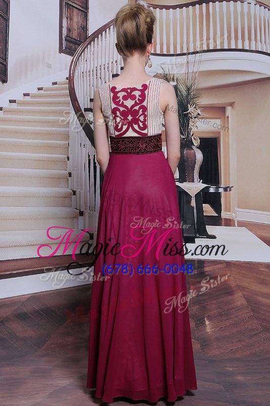 wholesale artistic wine red chiffon side zipper dress for prom sleeveless floor length beading and appliques