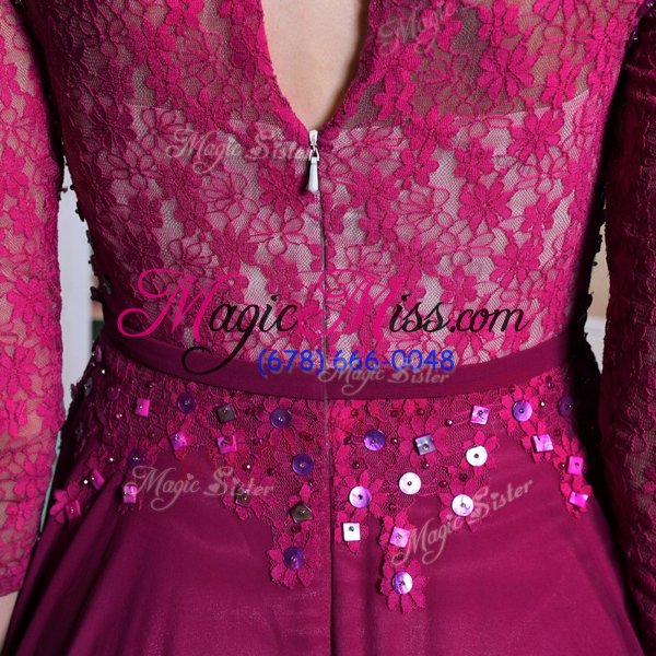wholesale inexpensive wine red column/sheath chiffon bateau 3|4 length sleeve lace and sequins floor length zipper evening dress